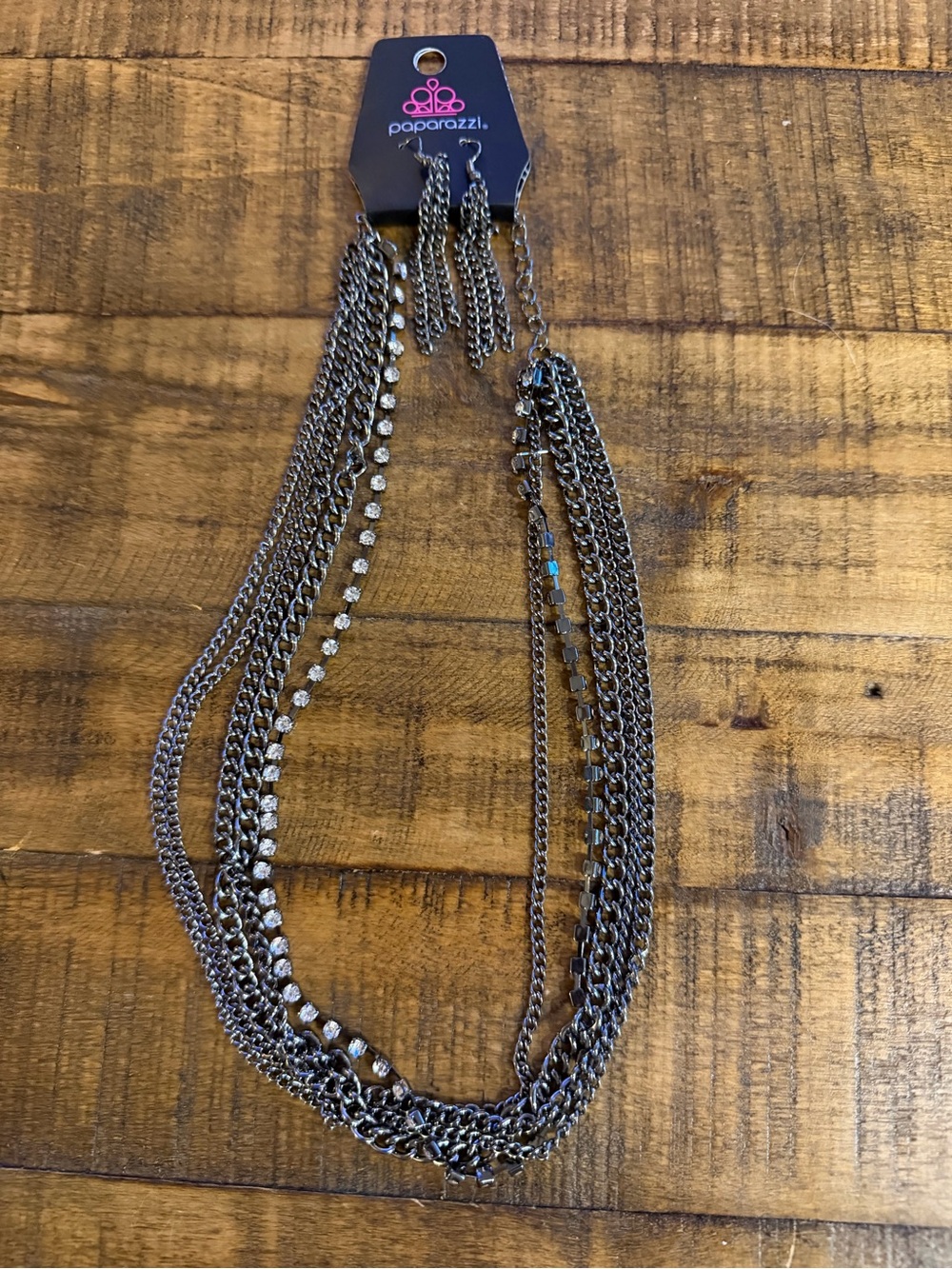 paparazzi Gunmetal Layered Rhinestone & Chain Necklace